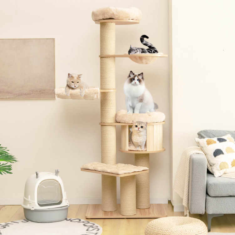 Modern Tall Cat Tree Tower with Scratch Posts and Washable Mats-BeigeCostway Gallery View 2 of 10